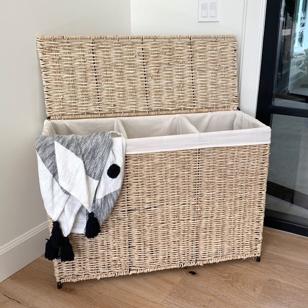 America Basket Company Woven Three-Section Lined Hamper - Natural - Decorative Boxes/Baskets/Trunks & Chests