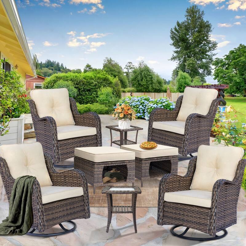 8-piece Wicker Patio Furniture Set with Swivel Chair and Patio Ottoman - Cream-Brown Wicker