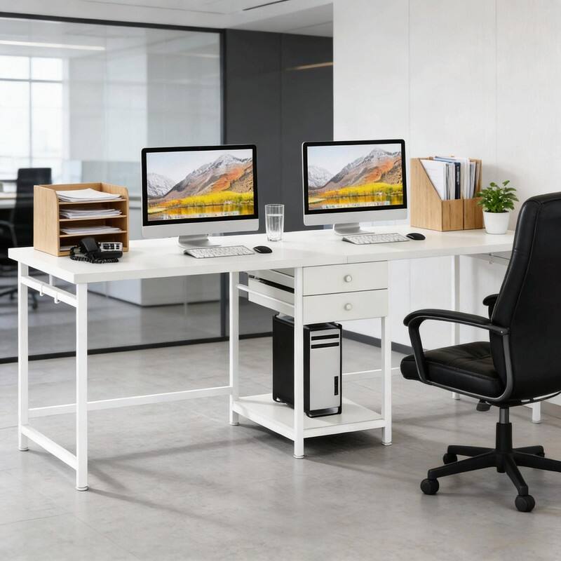 Extra-Large 2-Person Office Desk with Drawers, Open Shelf and Steel Frame