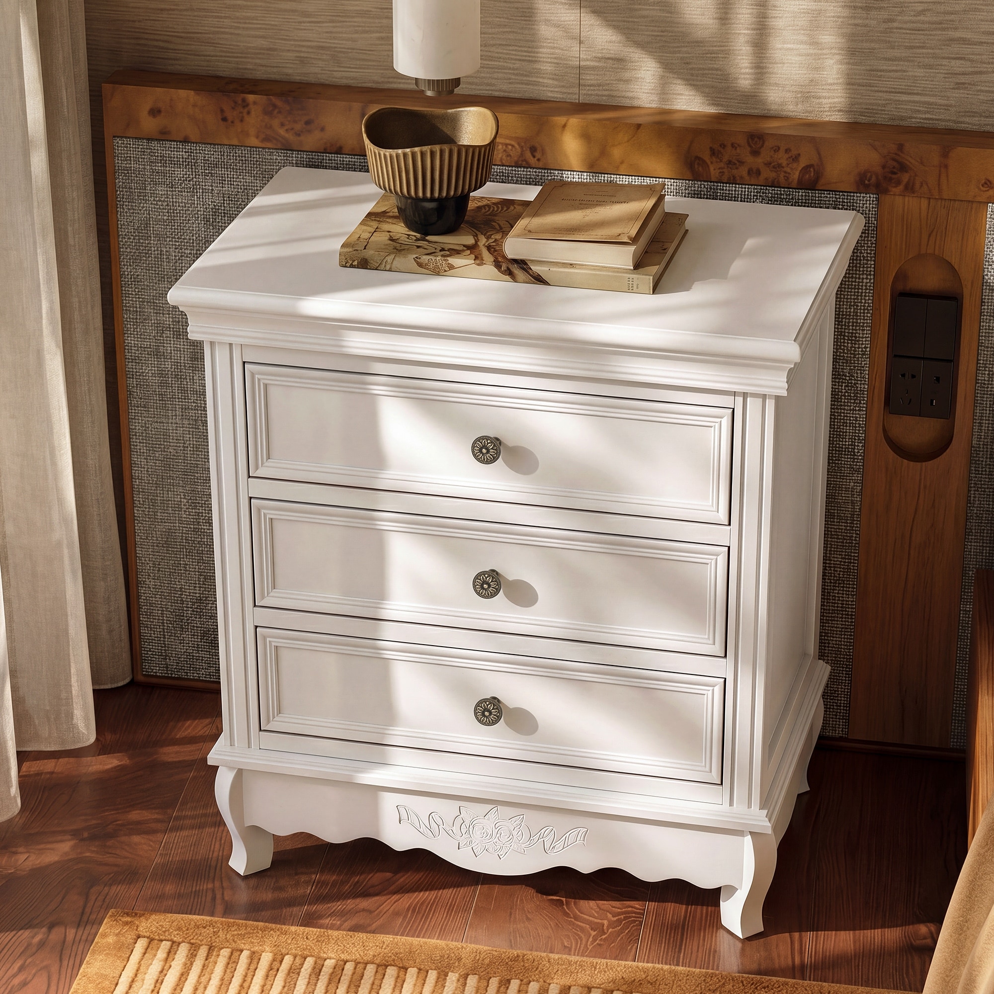 3-Drawer Nightstand with Solid Pine Wood Bedside Table Floral Carved Accent End Table for Bedroom