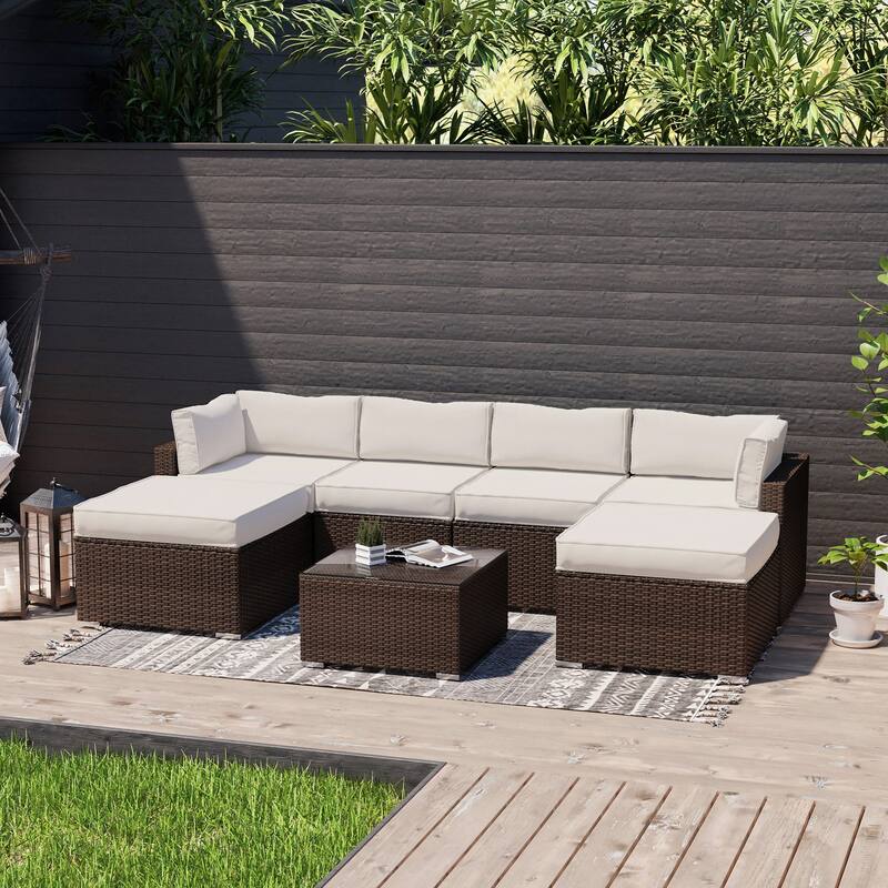 COSIEST 7-Piece Outdoor Patio Wicker Sectional Sofa with Coffee Table