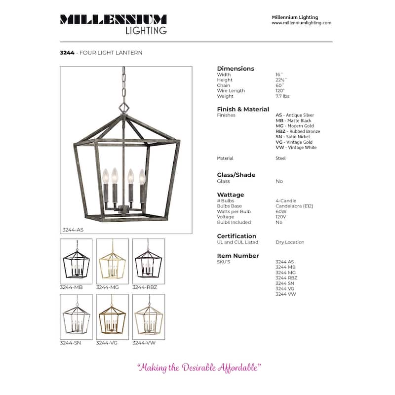 Millennium Lighting 4 Light Metal Pendant Light in Multiple Finishes