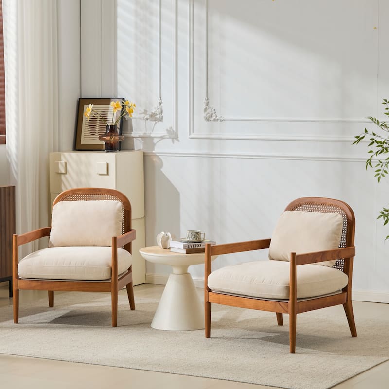 [Set Of 2] 26.6" Accent Chair With Walnut Finish Solid Wood Frame And Rattan Backrest,Comfy Armchairs - Ivory+Walnut