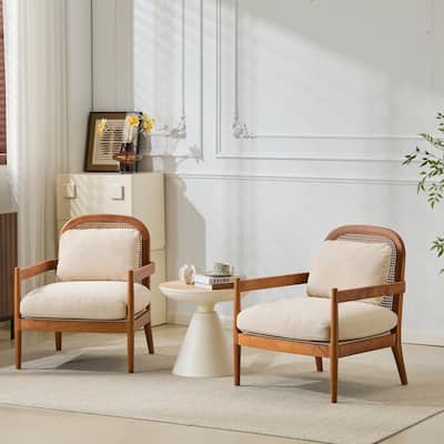 [Set Of 2] 26.6" Accent Chair With Walnut Finish Solid Wood Frame And Rattan Backrest,Comfy Armchairs
