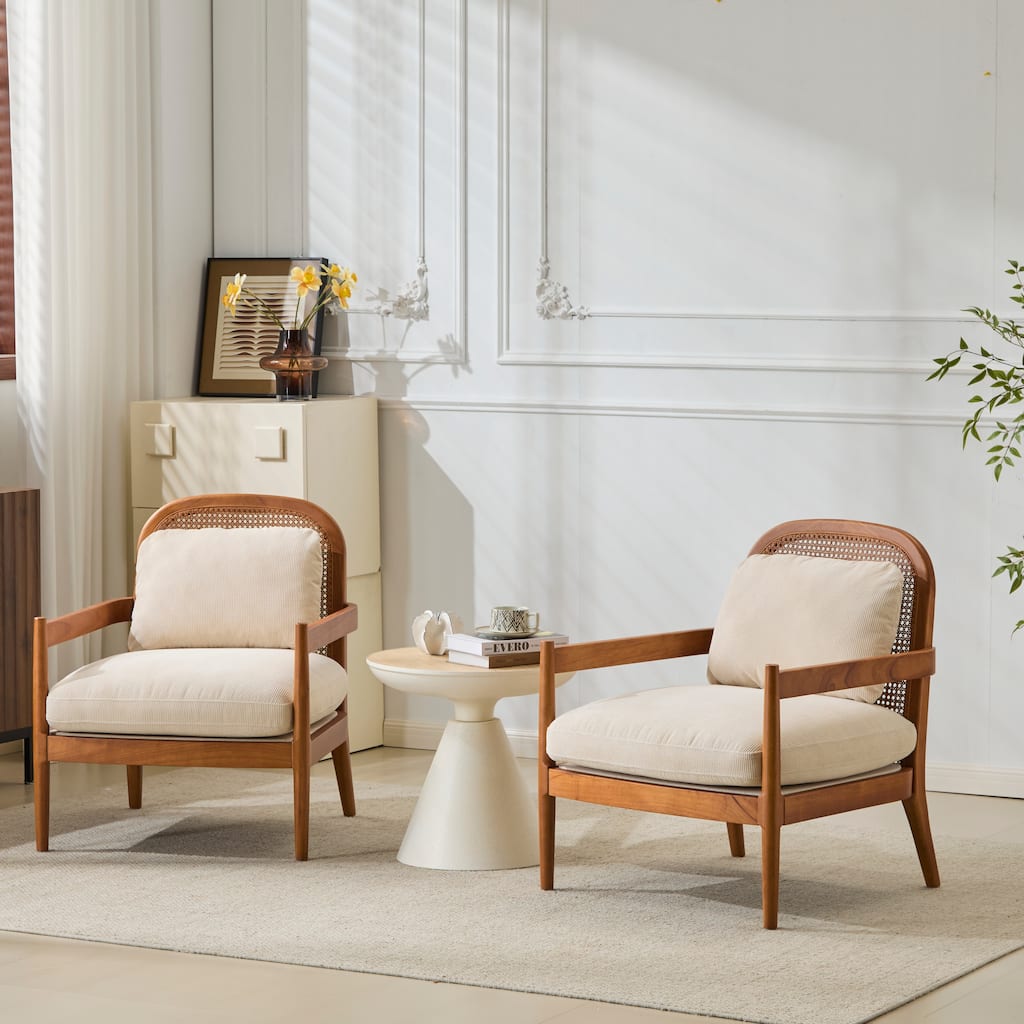 Roomfitters Mid-Century Accent Chair with Walnut Wood Frame & Rattan Back, Striped Cushion, Set of 2