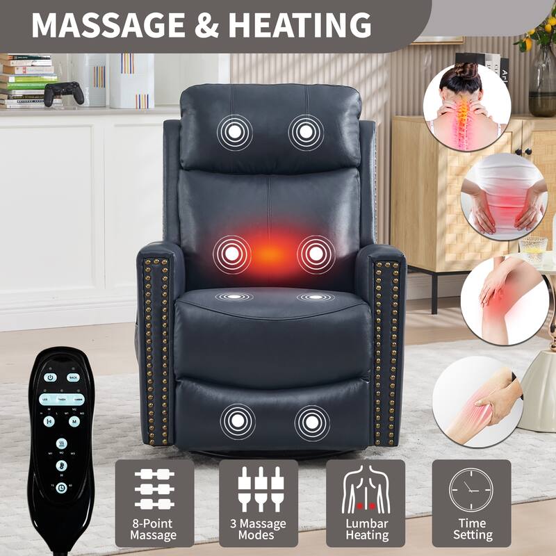 One Piece Genuine Leather Recliner Chair with Massage Heat Rocker and Swivel