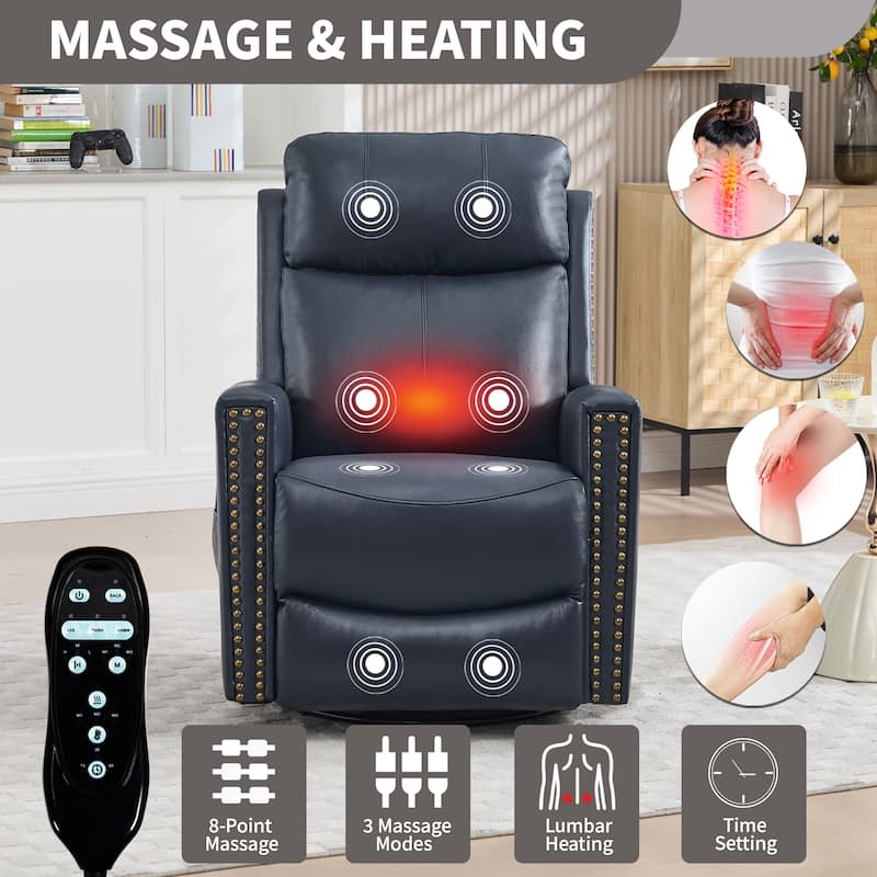 Roomfitters Genuine Leather Swivel Rocker Recliner, Manual Massage Glider with Heat and Top Grain Cowhide, Living Room