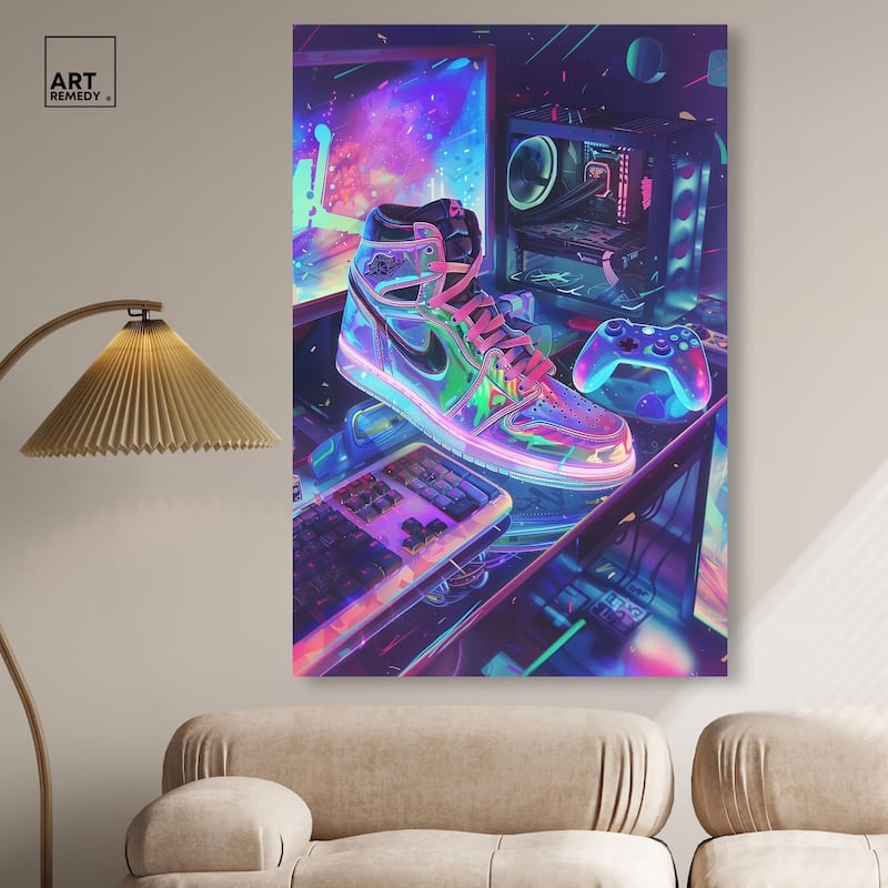 Neon Gaming Set Up Canvas by Art Remedy, Gallery Wrapped