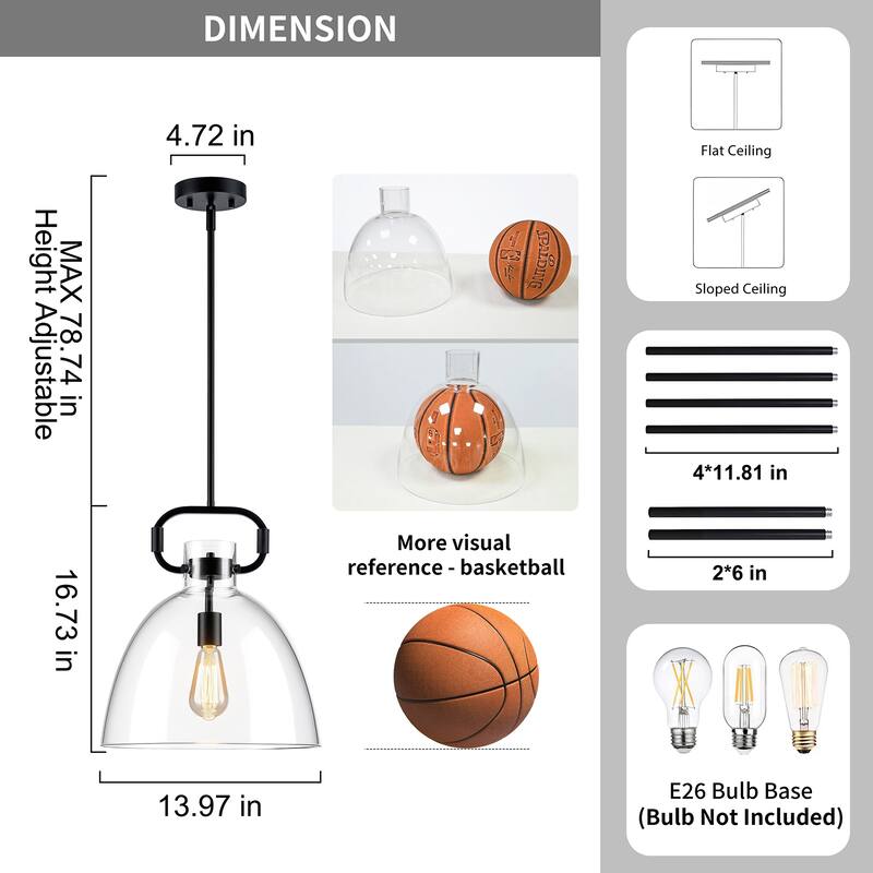Starskys 1-Light Large Pendant Light with Bowl-Shaped Clear Glass Shade