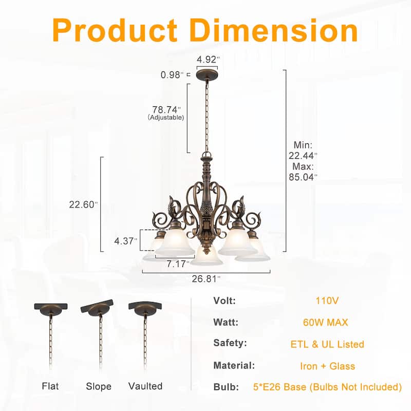 5-Light Oil Rubbed Bronze Chandelier Glass Bell Shades Traditional - Dia.26.81-in