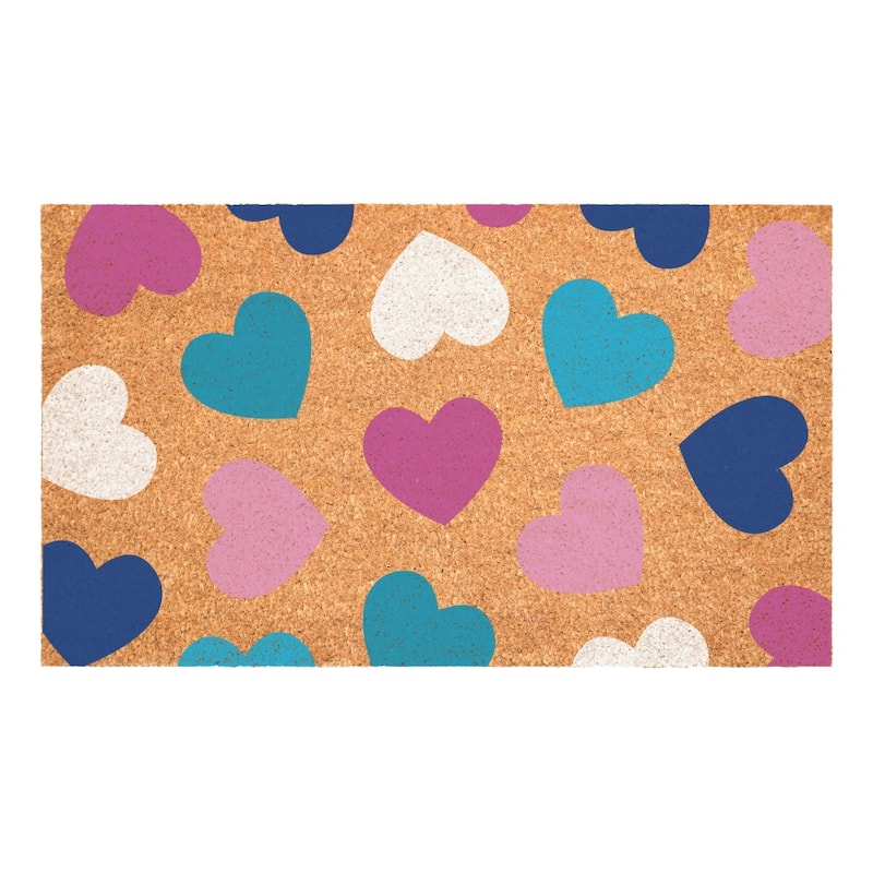 HomeRoots 24" X 36" Brown Blue Navy Blue And Light Pink Hearts Outdoor Coir Door Mat - 24.00' X '36.00
