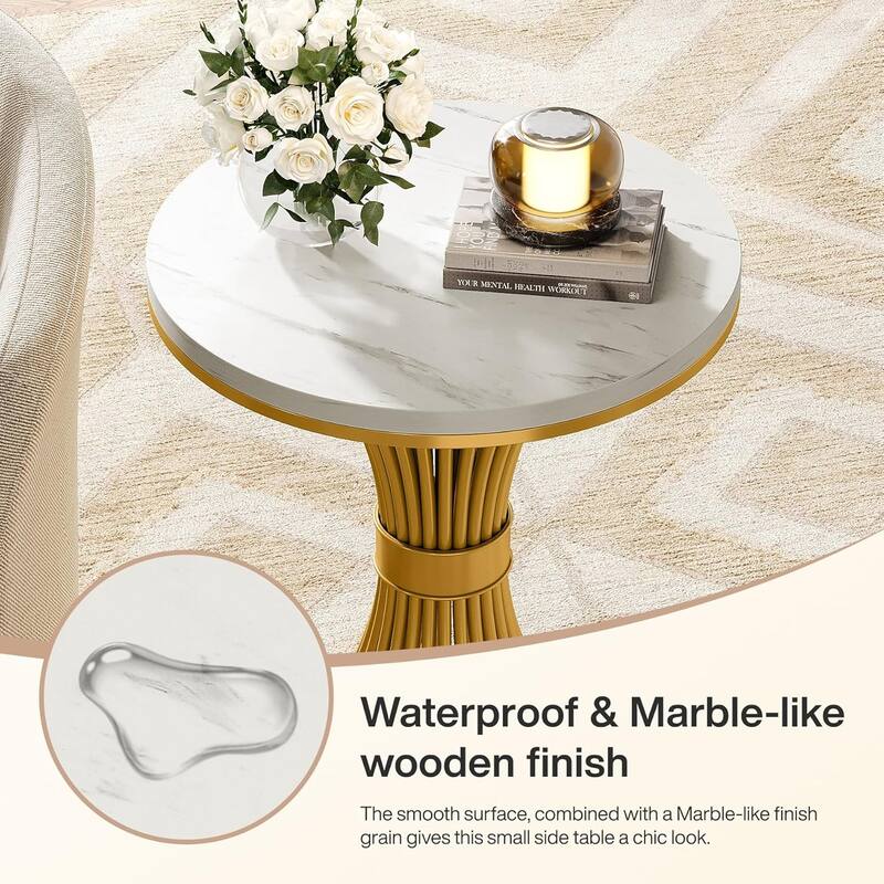 Modern Faux Marble Round End Table for Living Room, Bedroom, Sofa Side, White & Gold