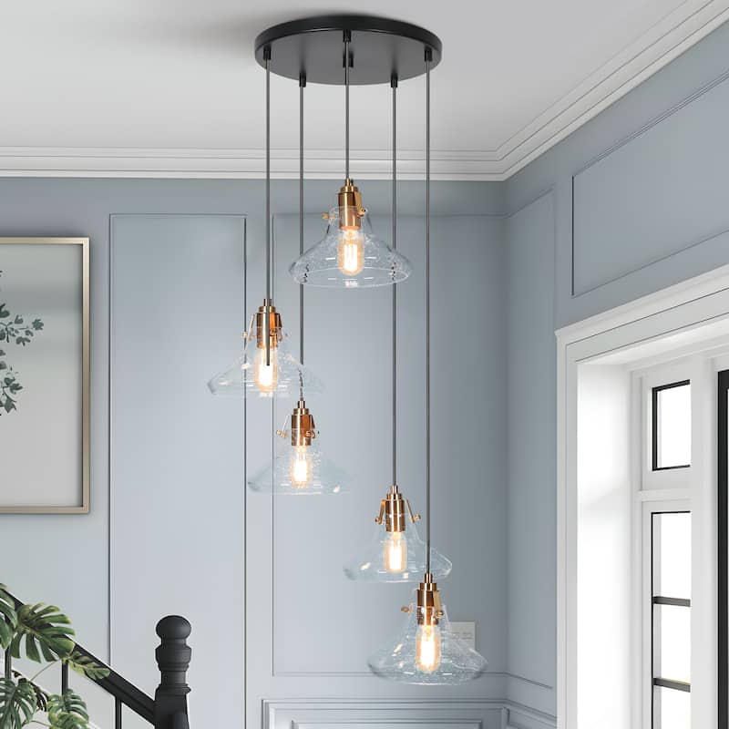 Farmhouse 5-Light Cluster Entryway Glass Adjustable Wire Pendant for Coastal Bathroom - 19.7"W x 19.7"D x 37" - 68"H