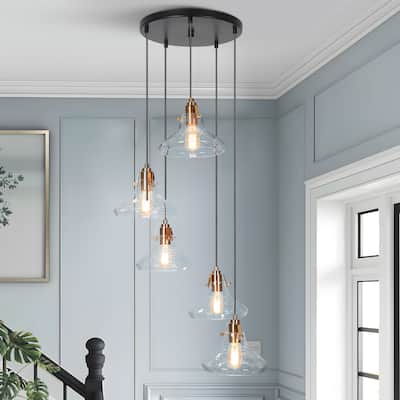 Farmhouse 5-Light Cluster Entryway Glass Adjustable Wire Pendant for Coastal Bathroom - 19.7"W x 19.7"D x 37" - 68"H