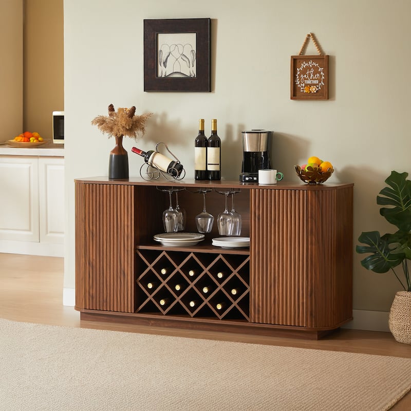 58" Wavy Curve Sideboard with Wine Rack & Glassware Holder, Adjustable Shelves, Multifunctional Storage Cabinet