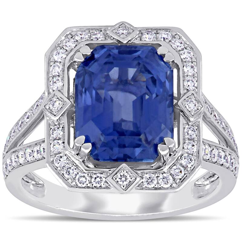 Miadora 6 1/2ct TGW Sapphire and 1/2ct TDW Diamond Halo Cocktail Ring in 14k White Gold