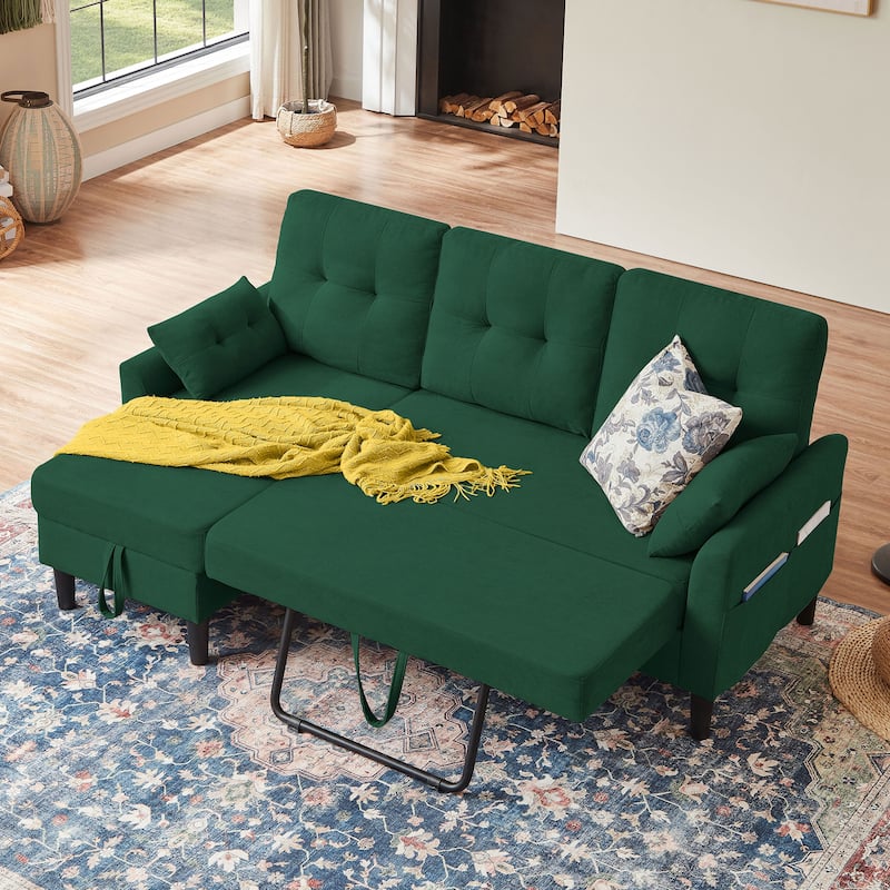 76.18" Upholstered Sleeper Pull Out Sofa Couch with Storage Chaise - Green