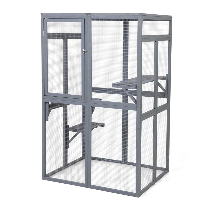 Wooden Cat Catio, Outdoor Cat Enclosure, Cat House with Platforms, Sunshine Board, Hammock, Door, Kitten Cage Condo, Grey - Grey