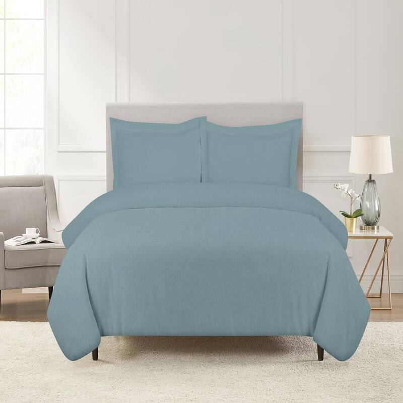 Pointehaven Flannel 180 GSM Brushed Soft Cotton Oversized Solid Duvet Sets - Full - Queen - Dusty Blue