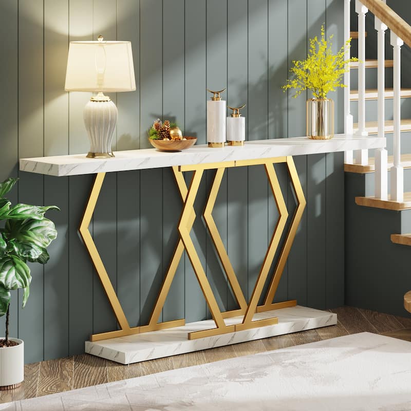 70.9 Inch Extra Long Modern Sofa Console Table with Faux Marble Tabletop Base Gold Frame for Living Room Entryway Hallway