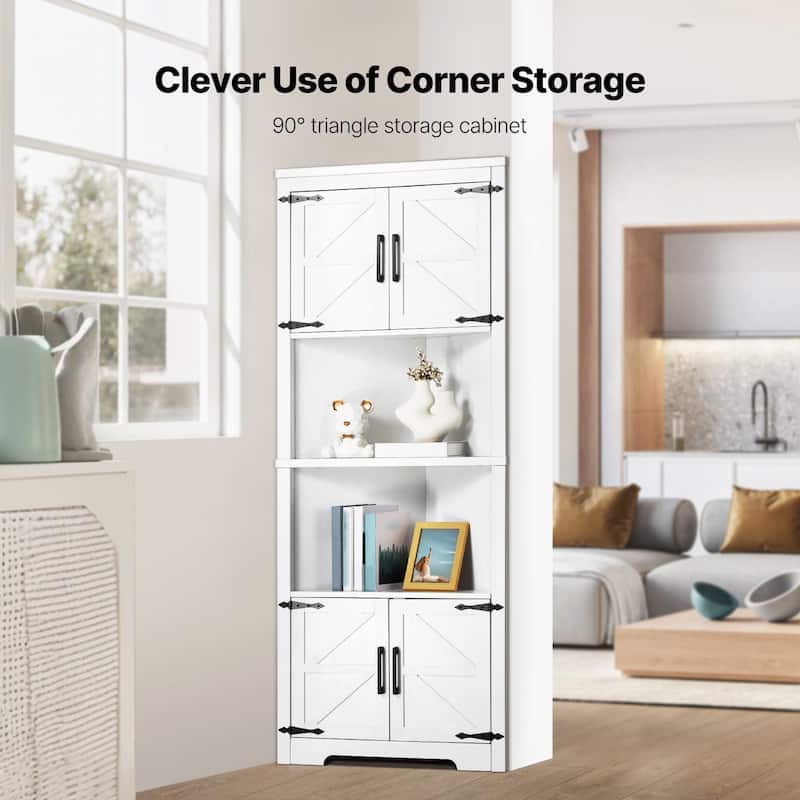 68" White Corner Storage Cabinet with 6 Adjustable Shelves and 4 Wooden Doors - 27"L x 14.2"W x 67.3"H