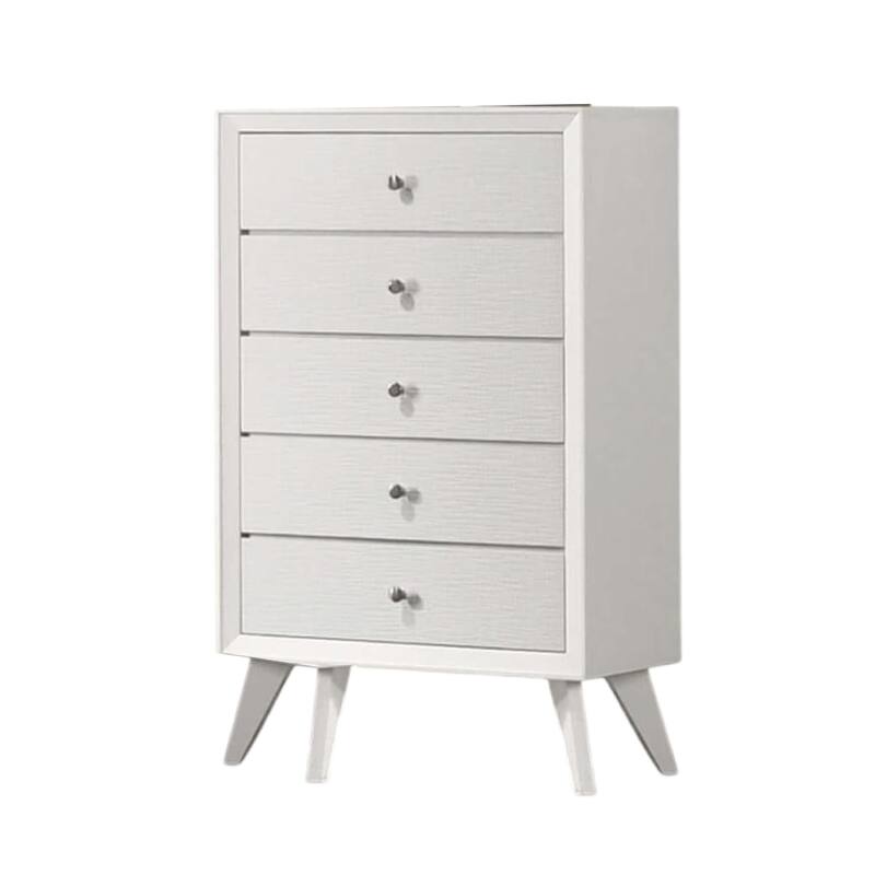 Tory Tall Dresser Chest, 5 Drawers w Bronze Knobs, Textured White Wood