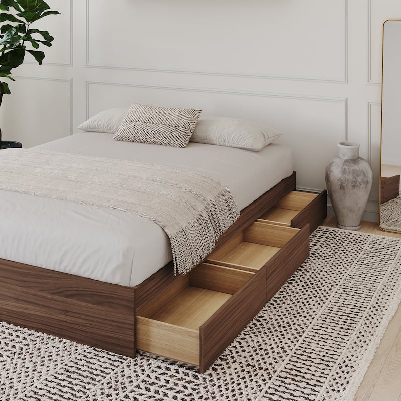 Nexera Bed Frame with 3-Drawer Storage, Reversible, Brown - Walnut - Queen