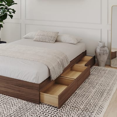 Nexera Bed Frame with 3-Drawer Storage, Reversible, Brown