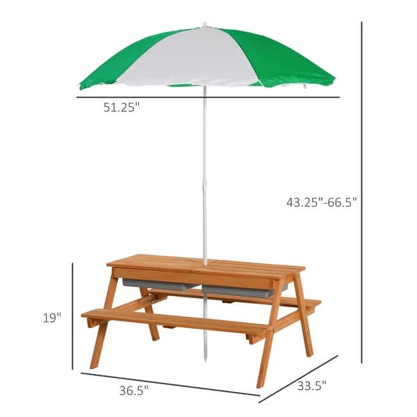 Outsunny Kids Picnic Table with Umbrella and Storage Inside, Sand and Water Table, Kids Outdoor Furniture - 36.5" x 33.5" x 19"