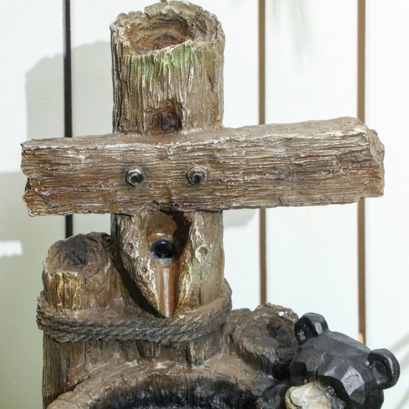 Three Tier Bear Climbing Water Fountain with LED Lights Outdoor Resin Waterfall Feature with Pump - 11.8" L × 10.2" W × 22.8" H