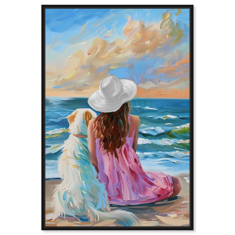 Art Remedy Girl And Her Best Friend Framed Colorful Coastal 1 Piece Canvas Wall Art - 37 x 55 - Black