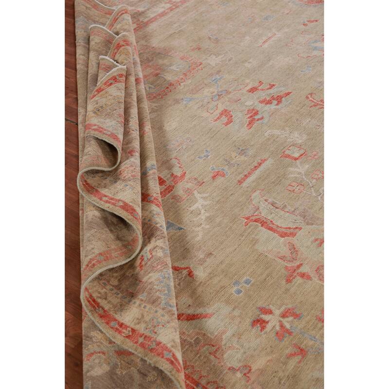 Hand Knotted Oriental 100% Wool Carpet Transitional All-Over Green Oushak Area Rug - 14' 10'' X 9' 11''