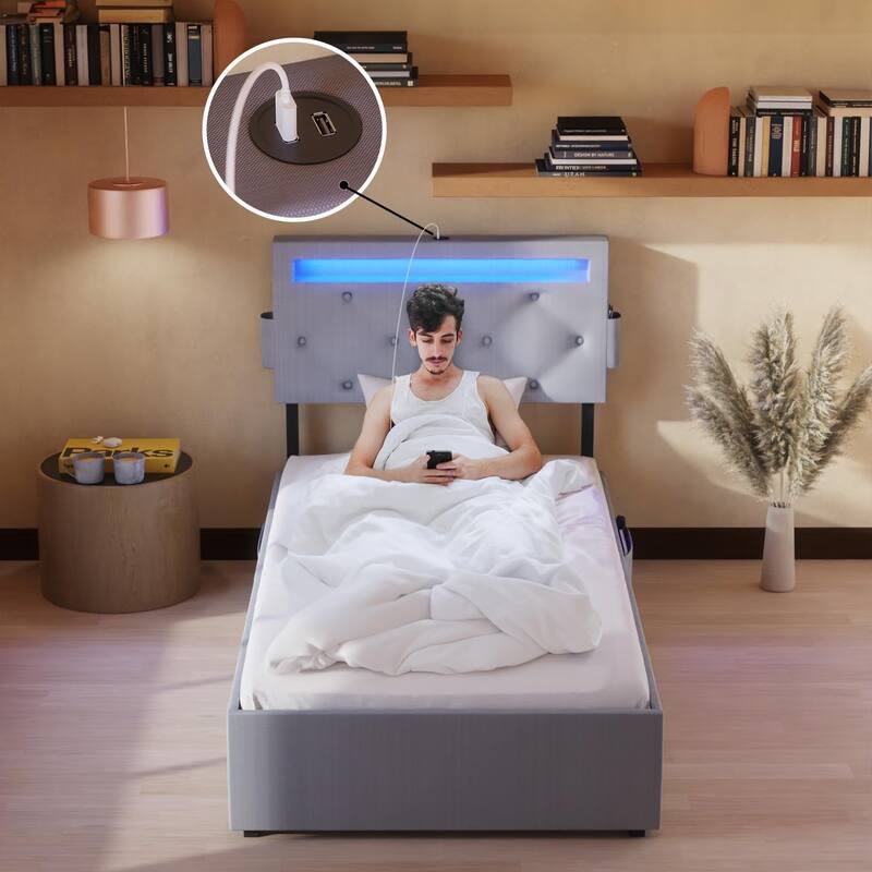 Twin Bed Frame with USB Charging Station and LED Lights