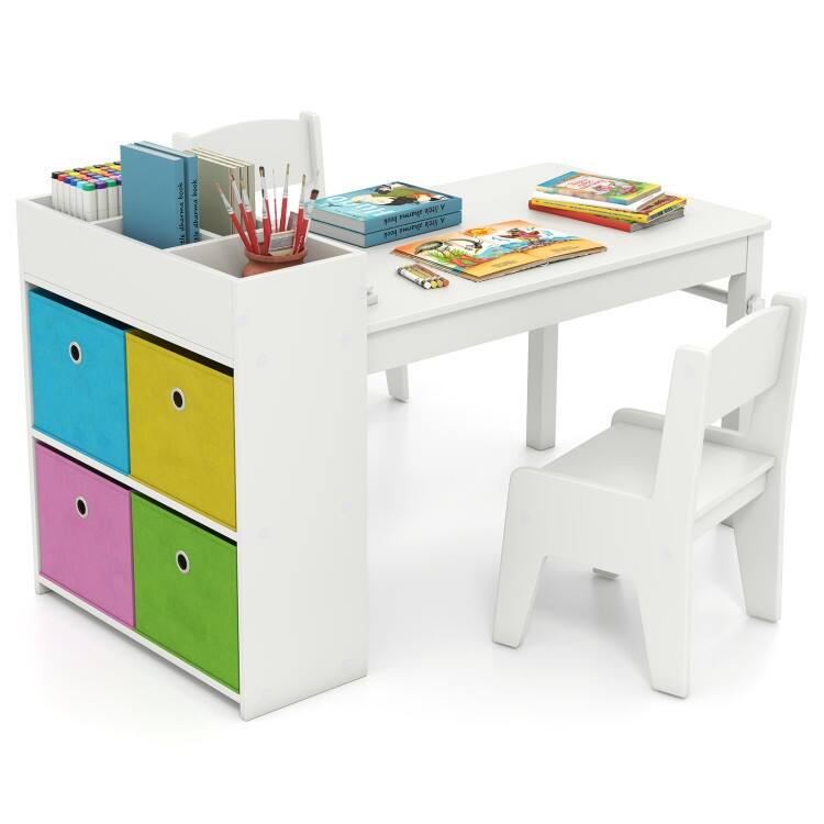 Kids Art Table and 2 Chairs Set with 4 Fabric Storage Bins and 4 Compartments - 39.5" x 20" x 23" (L x W x H)