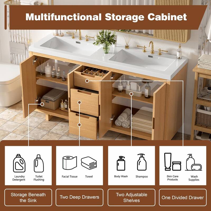 59.3" Modern Bathroom Vanity with Resin Sink, 4 Doors & 3 Drawers, Handle-Free Design, Soft-Close Hinges & Hidden Slides