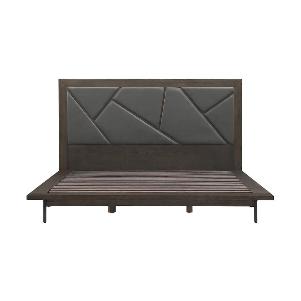 King Size Platform Bed Frame - Oak Wood & Faux Leather Headboard - Modern Bed
