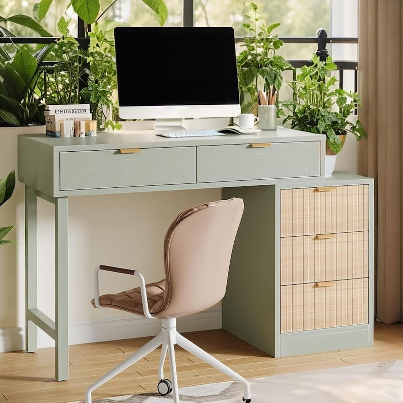 Reversible Wood Computer Desk with 5 Drawers, Small Writing Desk Study Corner Table Workstation for Home Office, Small Spaces - Mint Green