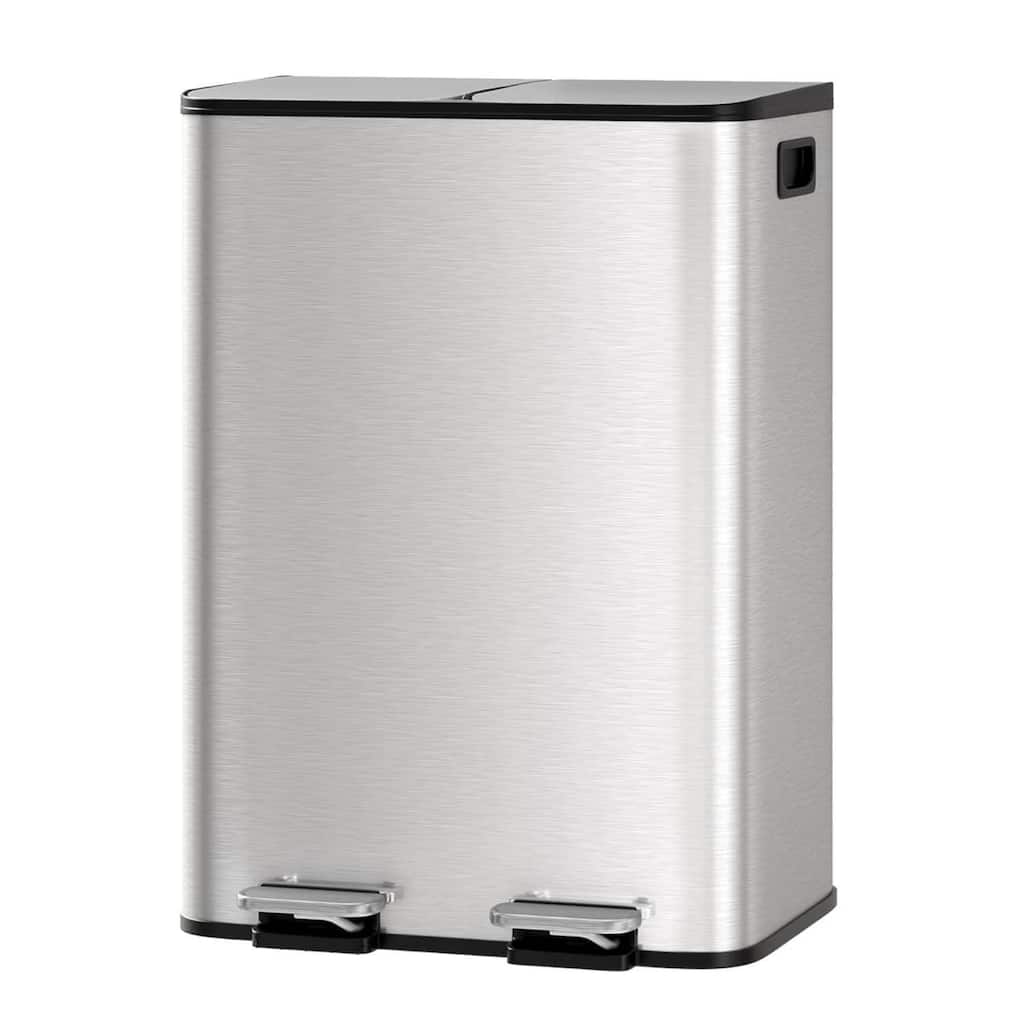 2 x 8 Gal Double Trash Can, Stainless Steel Dual Compartment Step-On Trash Can for Kitchen