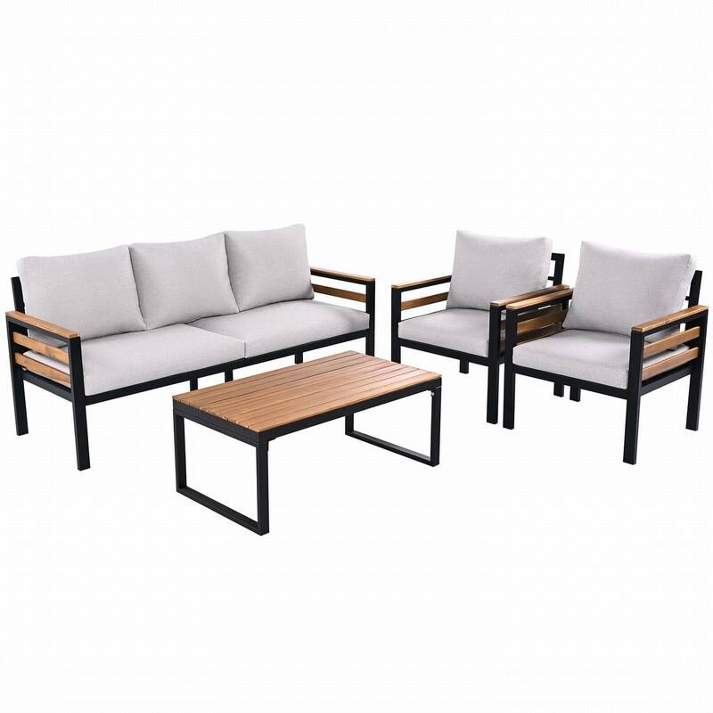 5-Person Outdoor Sofa Set with Acacia Wood Armrests and Removable Cushions