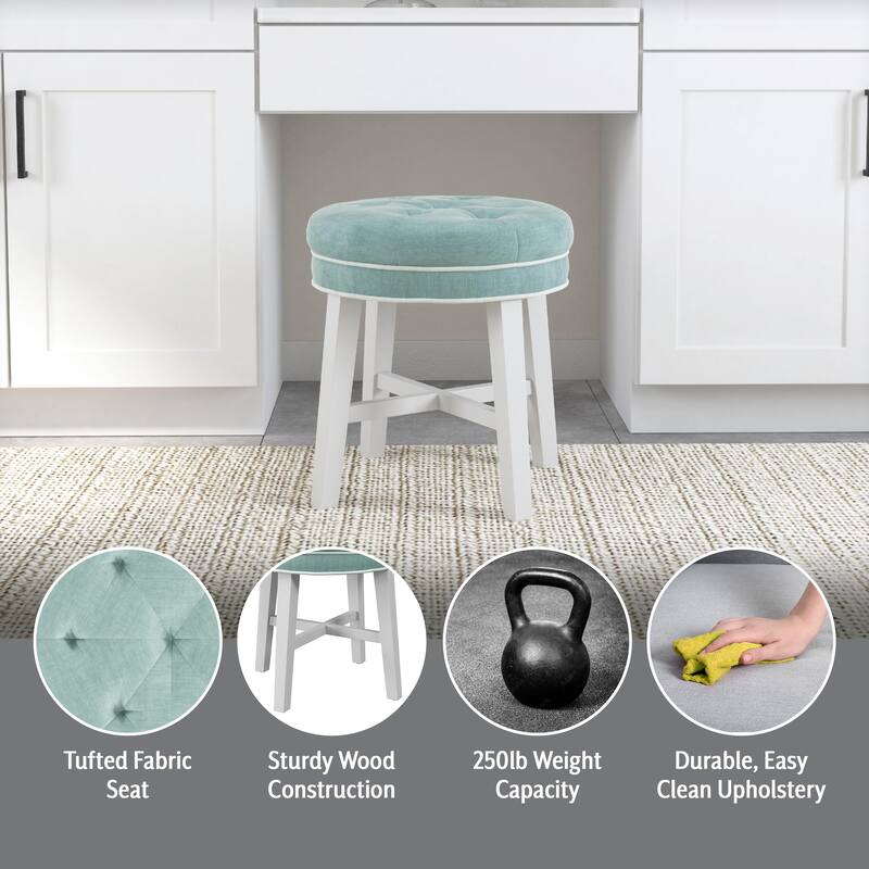 Hillsdale Furniture Sophia Tufted Backless Vanity Stool, White with Spa Blue Fabric - Spa Blue - 16" x 16" x 18"