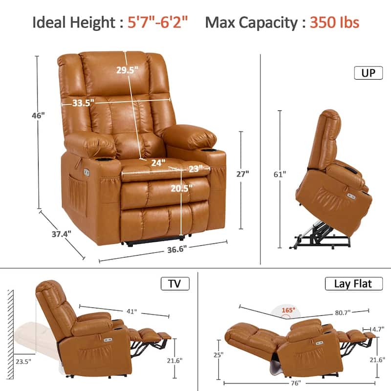 MCombo Medium Dual Motor Power Lift Recliner Chair Infinite Position, Massage and Heat, Extended Footrest, Faux Leather 7890