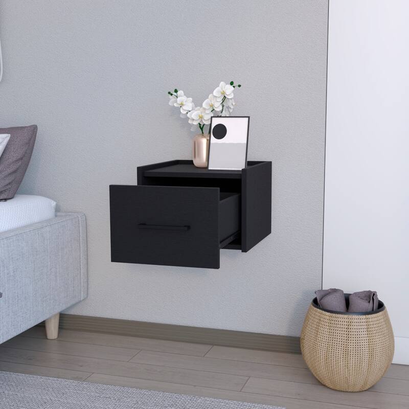 Wall-Mounted Bedside Shelf with Drawer, Black