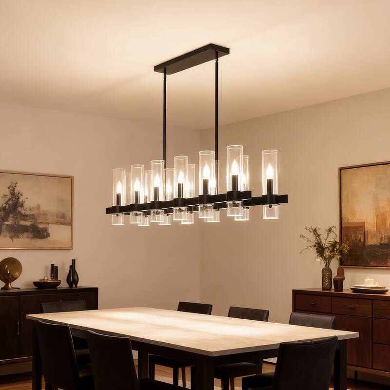 Black Chandelier Linear with Clear Glass Shade, 12-Lights Farmhouse Ceiling Hanging Fixture Over Table,NO INCLUDED BULBS