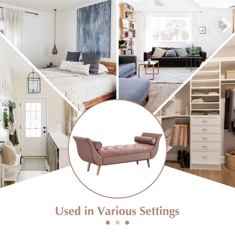 Blue Velvet Guernsey Ottoman - Button Tufted Bench with Pillows, Rolled Arms & Wood Legs