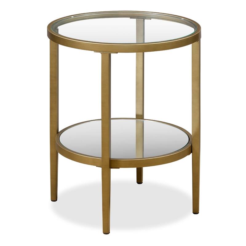 24" Antiqued Brass And Clear Glass And Steel Round Mirrored End Table With Shelf - 20" x 20" x 24"