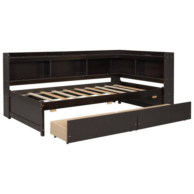 Twin Size Bookcass Bed w/ Power Outlets, USB Ports,2 Drawers,L-shaped