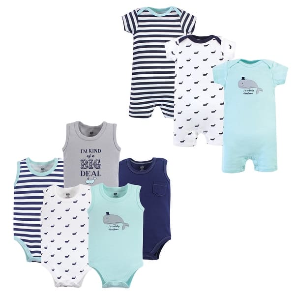 slide 1 of 1, Hudson Baby Infant Boy Cotton Bodysuits and Rompers, 8-Piece, Whale 0 - 3 Months - Blue