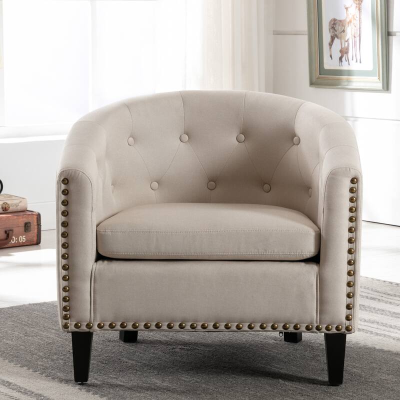 Modern Living Room Accent Chairs Barrel Chairs, Linen Fabric Tufted