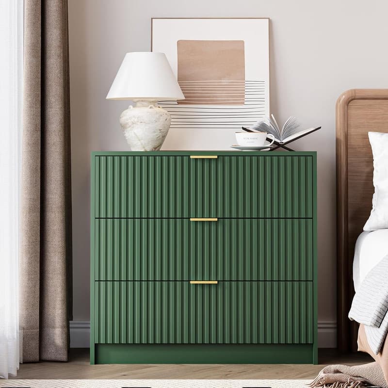 3 Drawer Fluted Dresser, 32 Inch Wide Nightstand with Large Drawer End Table for Bedroom