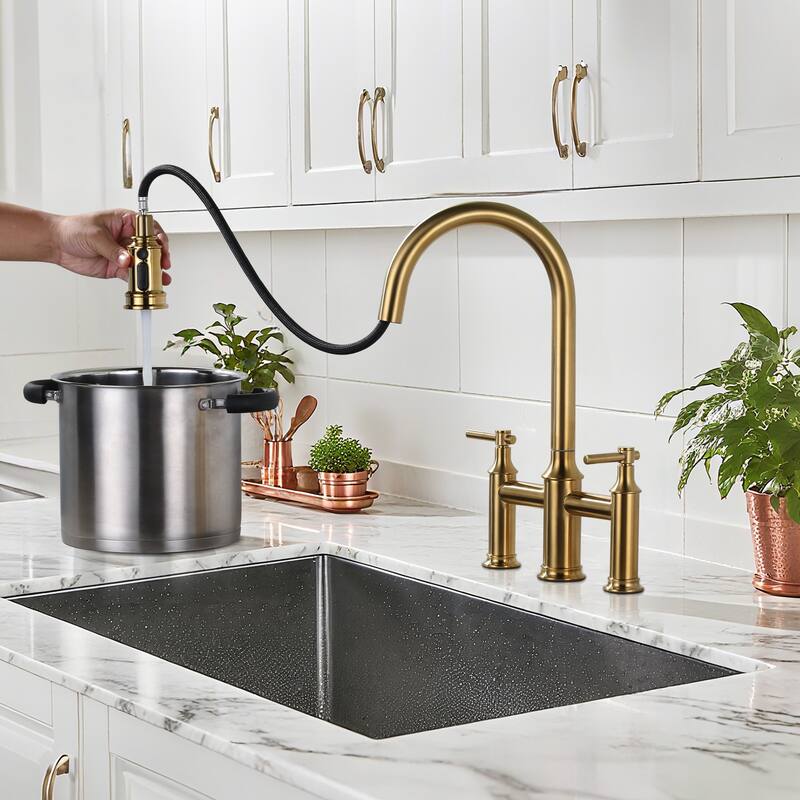 WOWOW Double Handle Pull Down Sprayer Bridge Kitchen Faucet